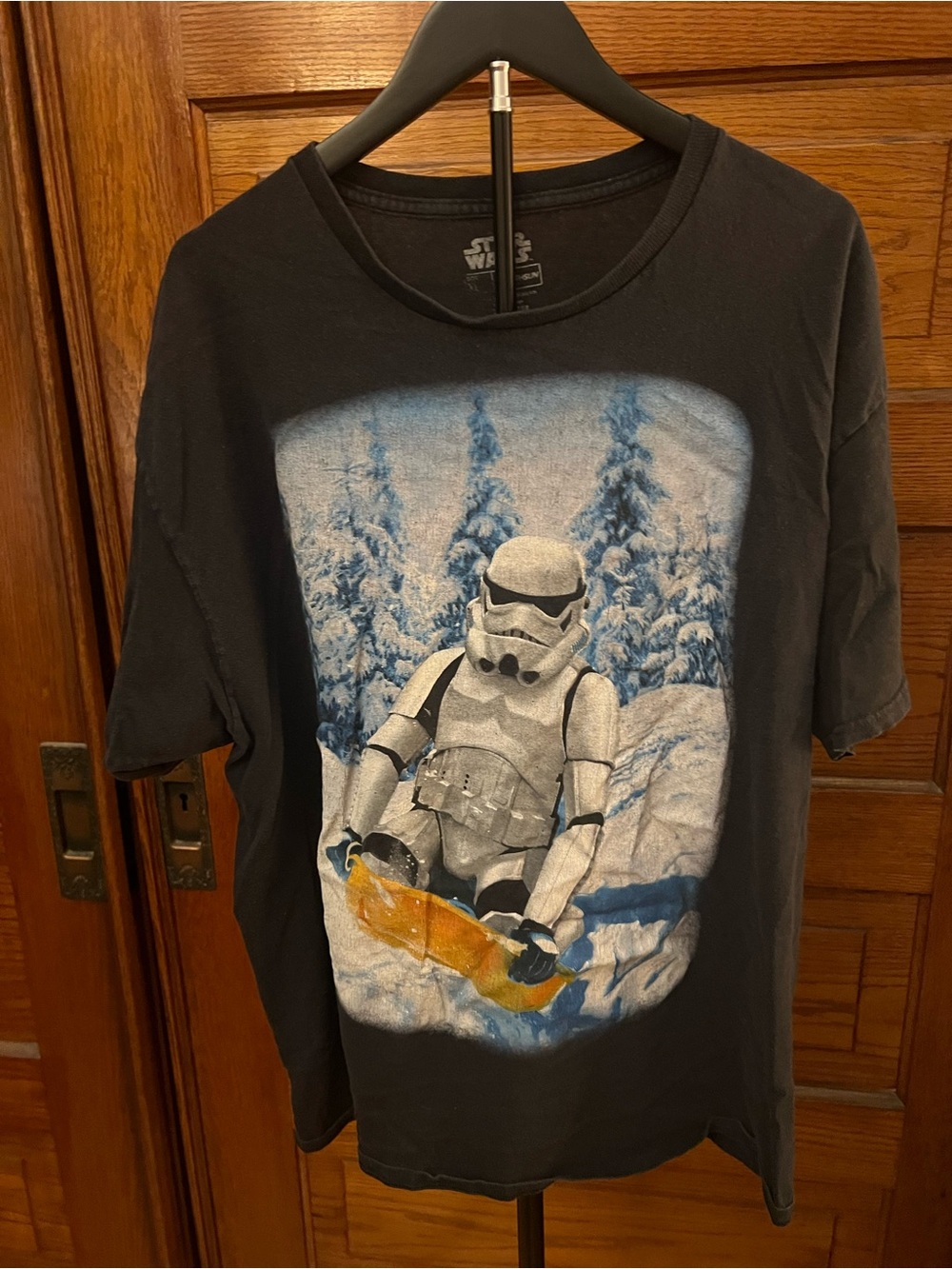 Star Wars Black Stormtrooper Snowboard Graphic Tee with Blue and Orange Print